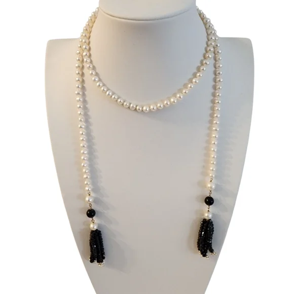 Lariat pearl necklace petite pearls high luster 18k GP hand knottedA0123 -1Q